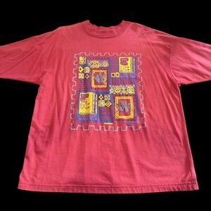 Vintage 90s Tribal Ringer T-Shirt Size XL* Pink Southwestern Made in USA Retro